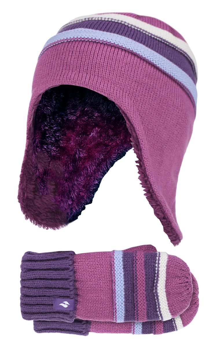 Wärmehalter - Mädchen Winter Warm Pom Pom Bobble Beanie Mütze und Handschuhe Set - Rot Violett