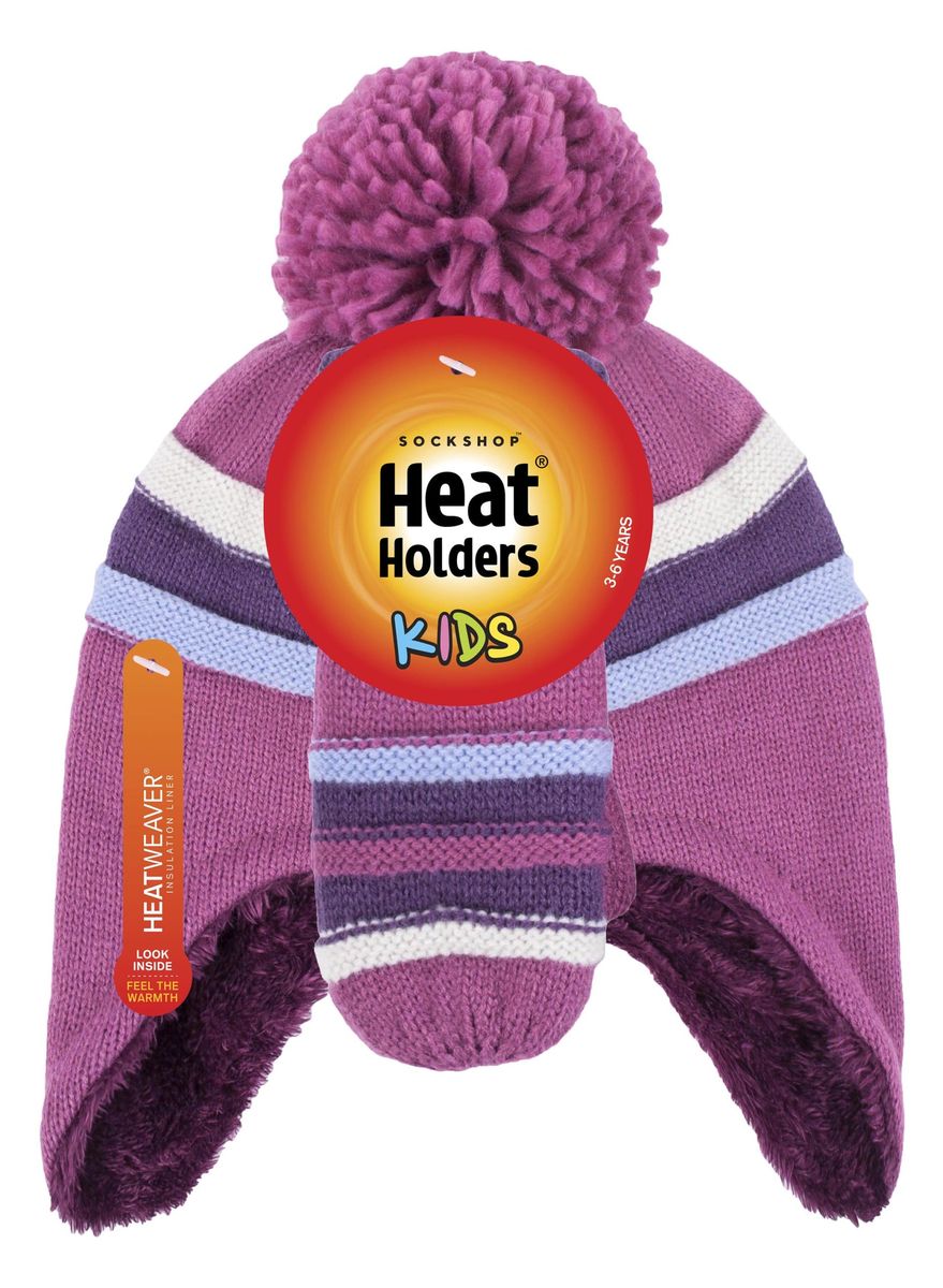 Wärmehalter - Mädchen Winter Warm Pom Pom Bobble Beanie Mütze und Handschuhe Set - Rot Violett