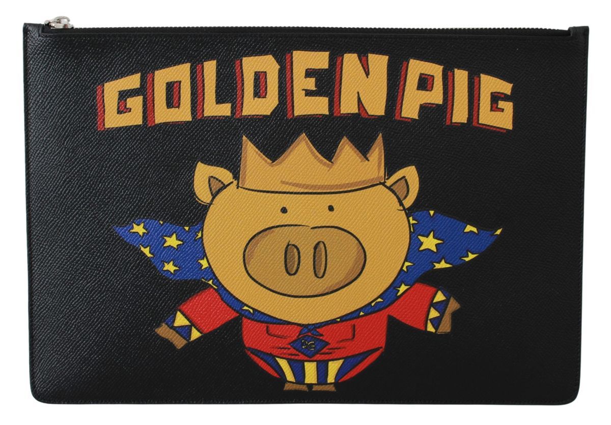 Dolce & Gabbana Schwarzes Goldenes Schwein Leder Dokumententasche