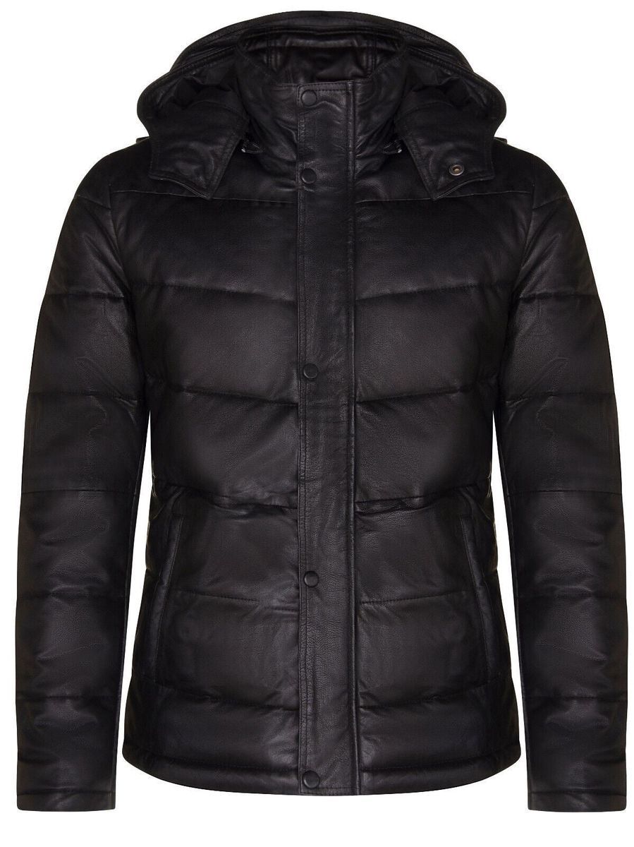 Gesteppte Leder-Pufferjacke mit Kapuze