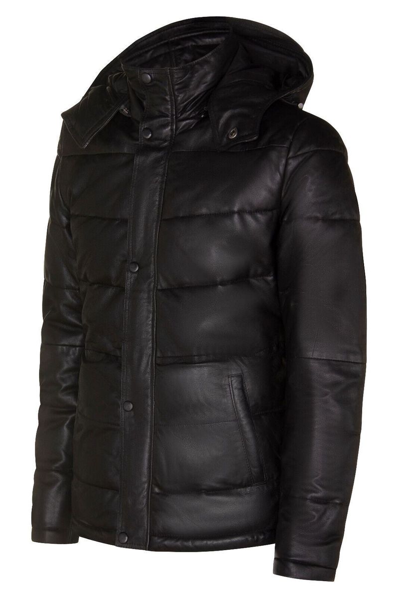 Gesteppte Leder-Pufferjacke mit Kapuze
