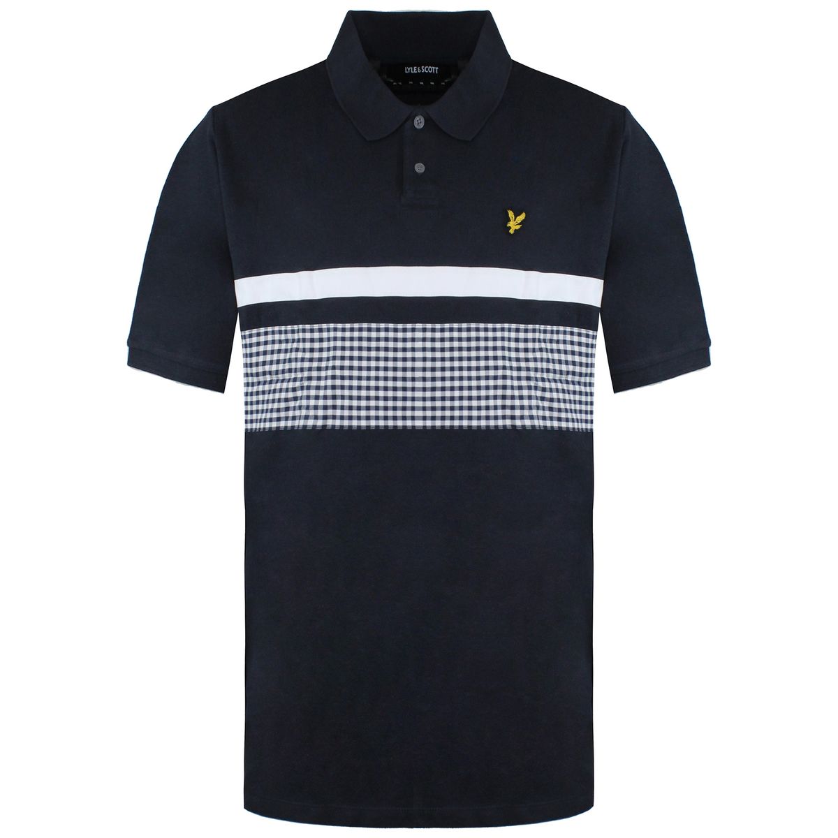 Herren Marineblaues Polohemd mit Gingham-Passe