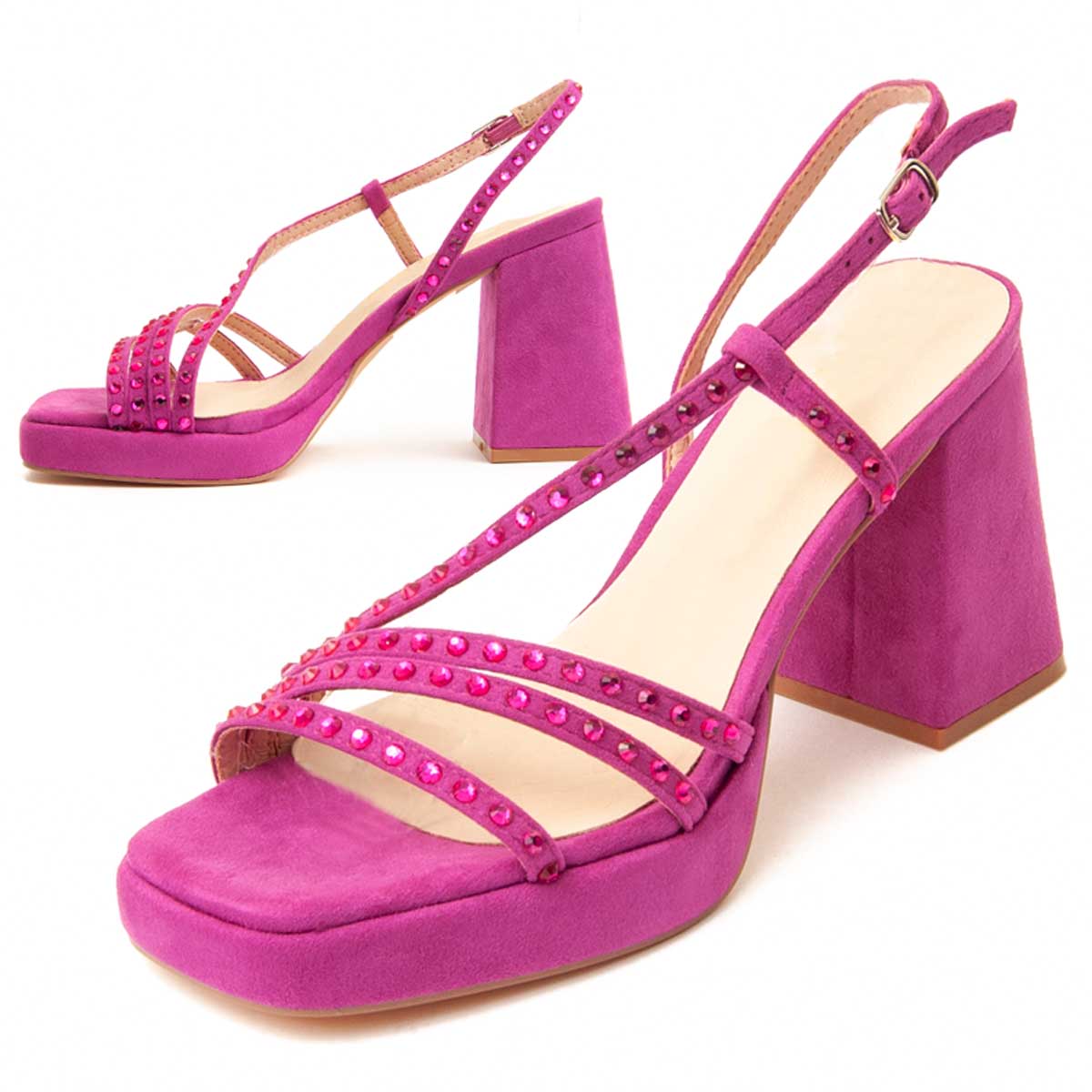 Fuchsia Plateau Sandale mit Absatz und Strass