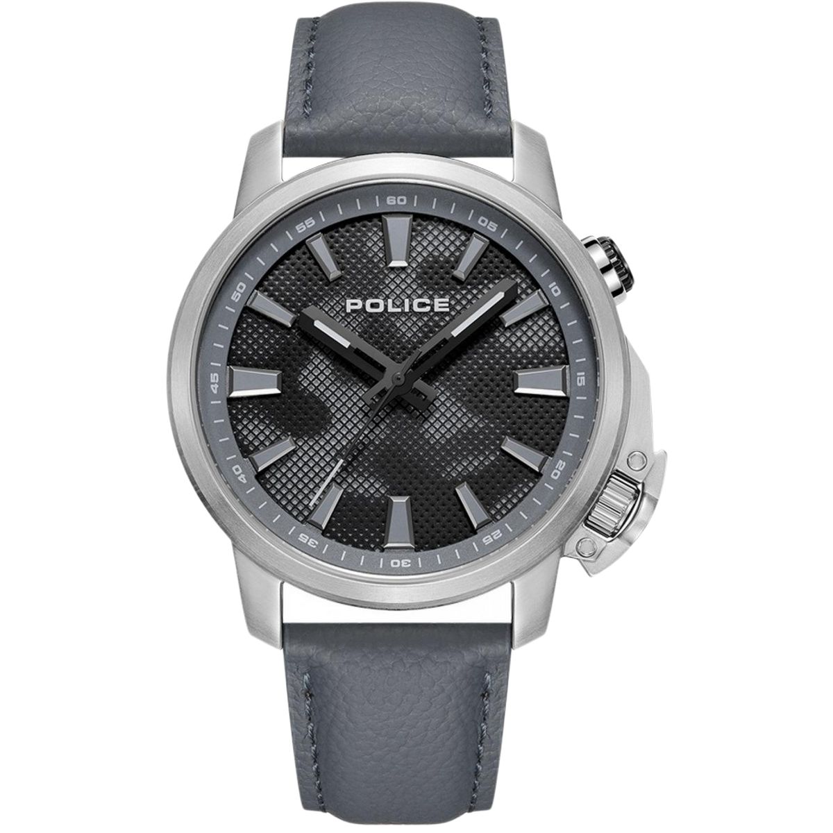 Moderne Herrenuhr mit grauem Lederarmband