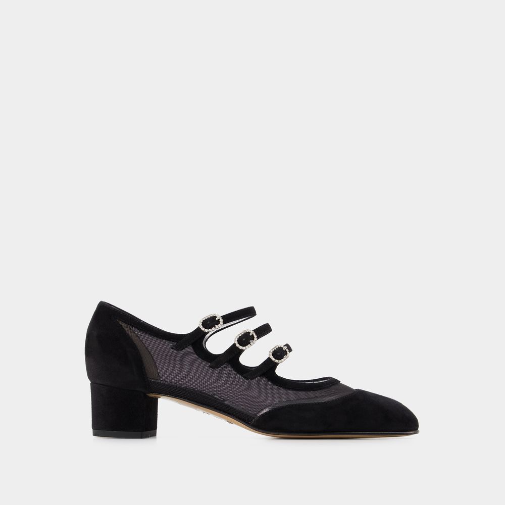 Schwarze Mary Jane Pumps aus Wildleder-Mesh