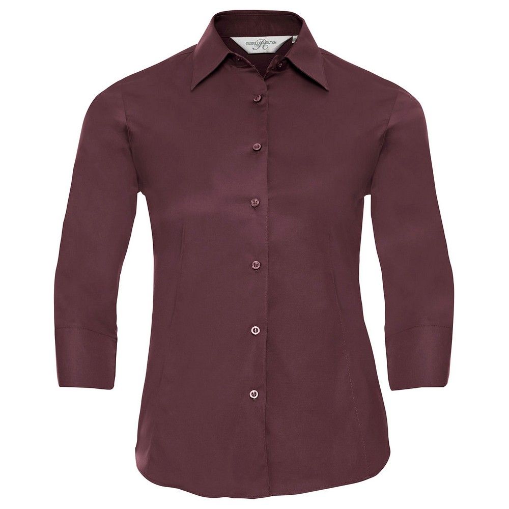 Russell Collection - Formelles Hemd Pflegeleicht für Damen 3/4 Ärmel (Portwein)
