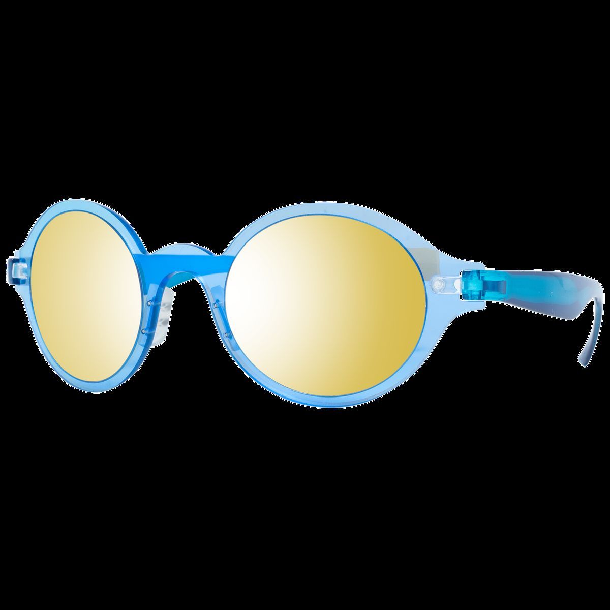 Runde blaue Sonnenbrille mit goldenen Gläsern