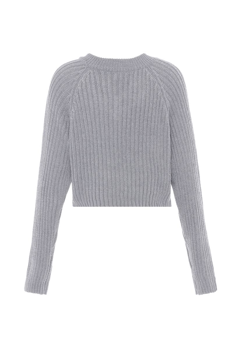 Gerippter V-Ausschnitt Cropped Strickpullover