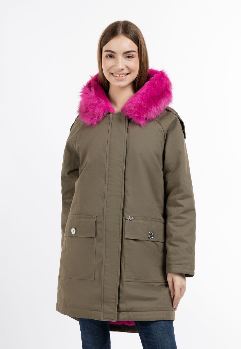 Winterparka mit farbigem Kunstfellbesatz