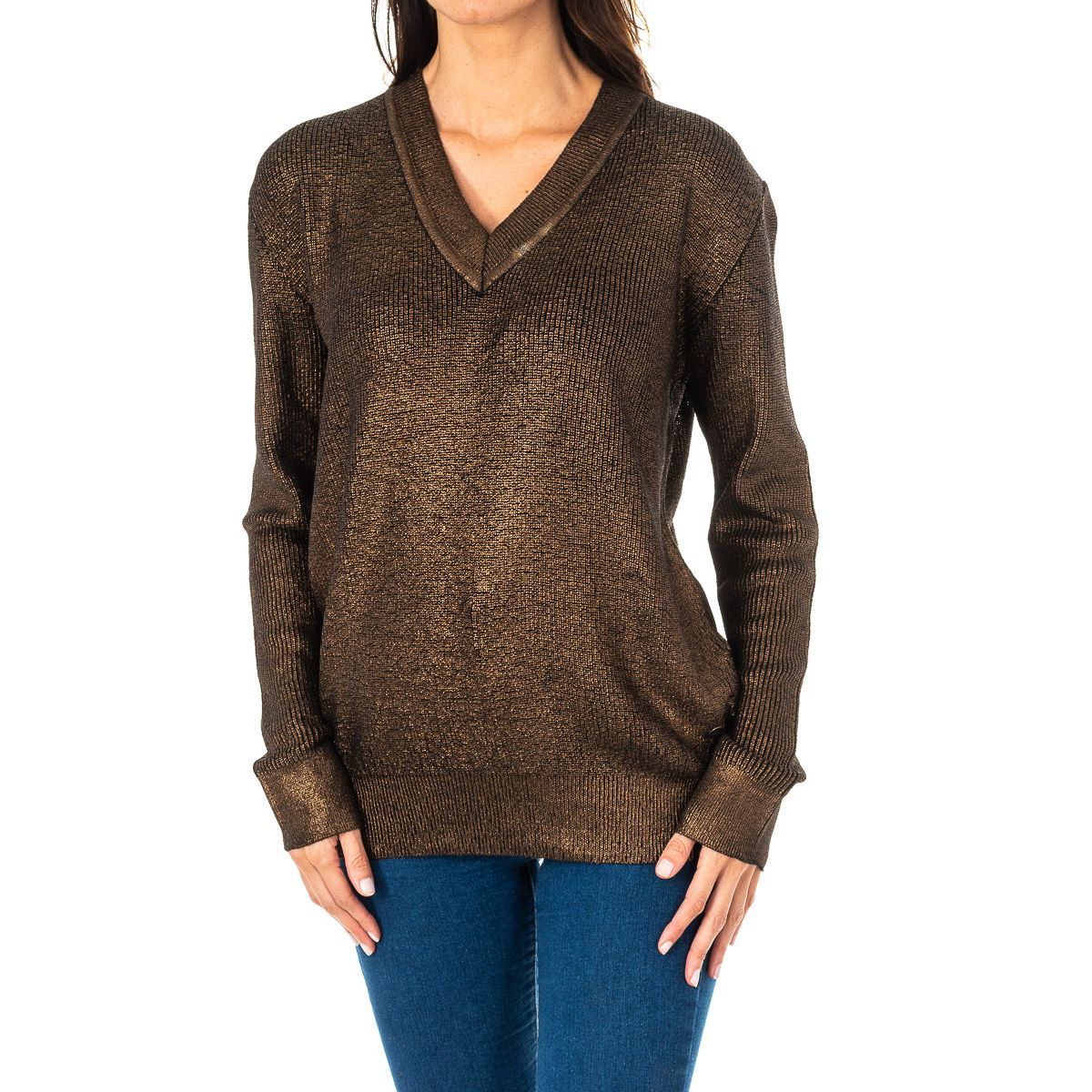 Metallischer V-Ausschnitt Langarmpullover