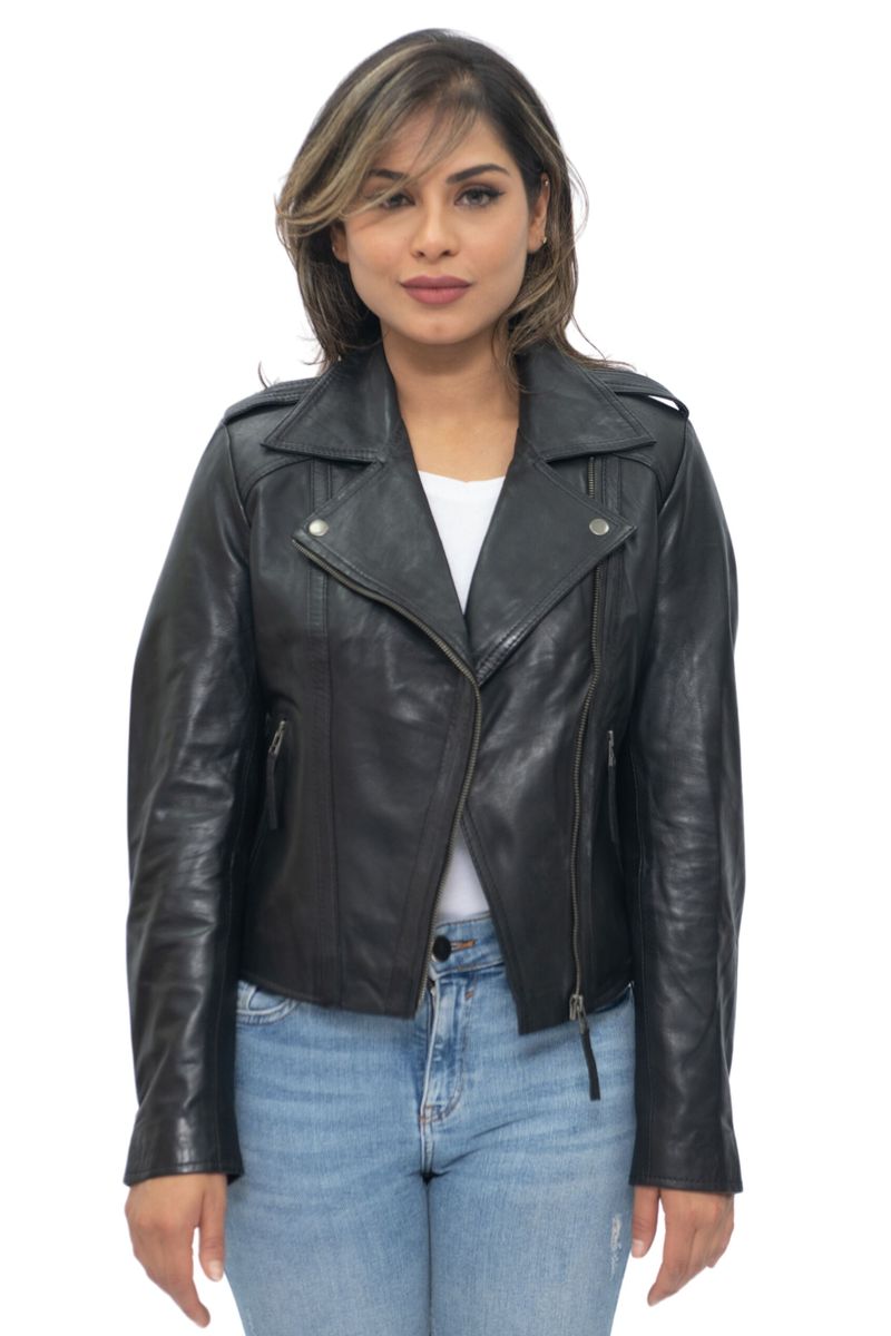 Klassische Damen-Bikerjacke aus schwarzem Leder