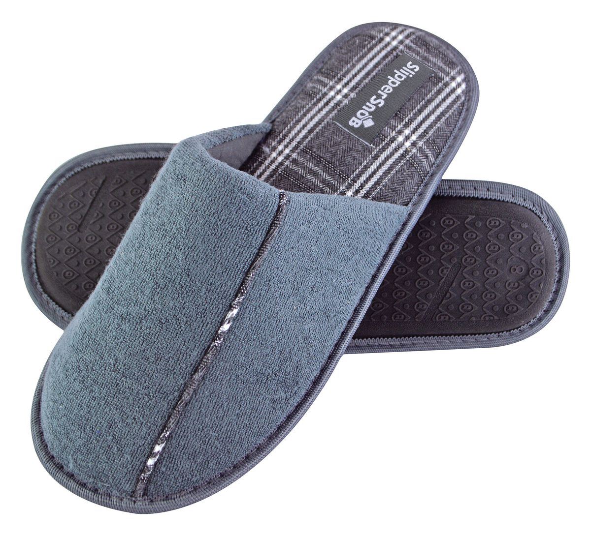 Slipper Snob - Mens Indoor Slip On Mule Hausschuhe | Plain Top Checked Sole | Memory Foam - Grau