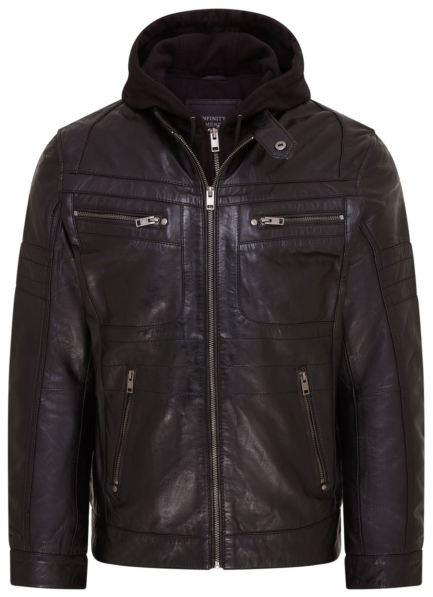 Schwarze Herren-Leder-Bikerjacke mit Kapuze