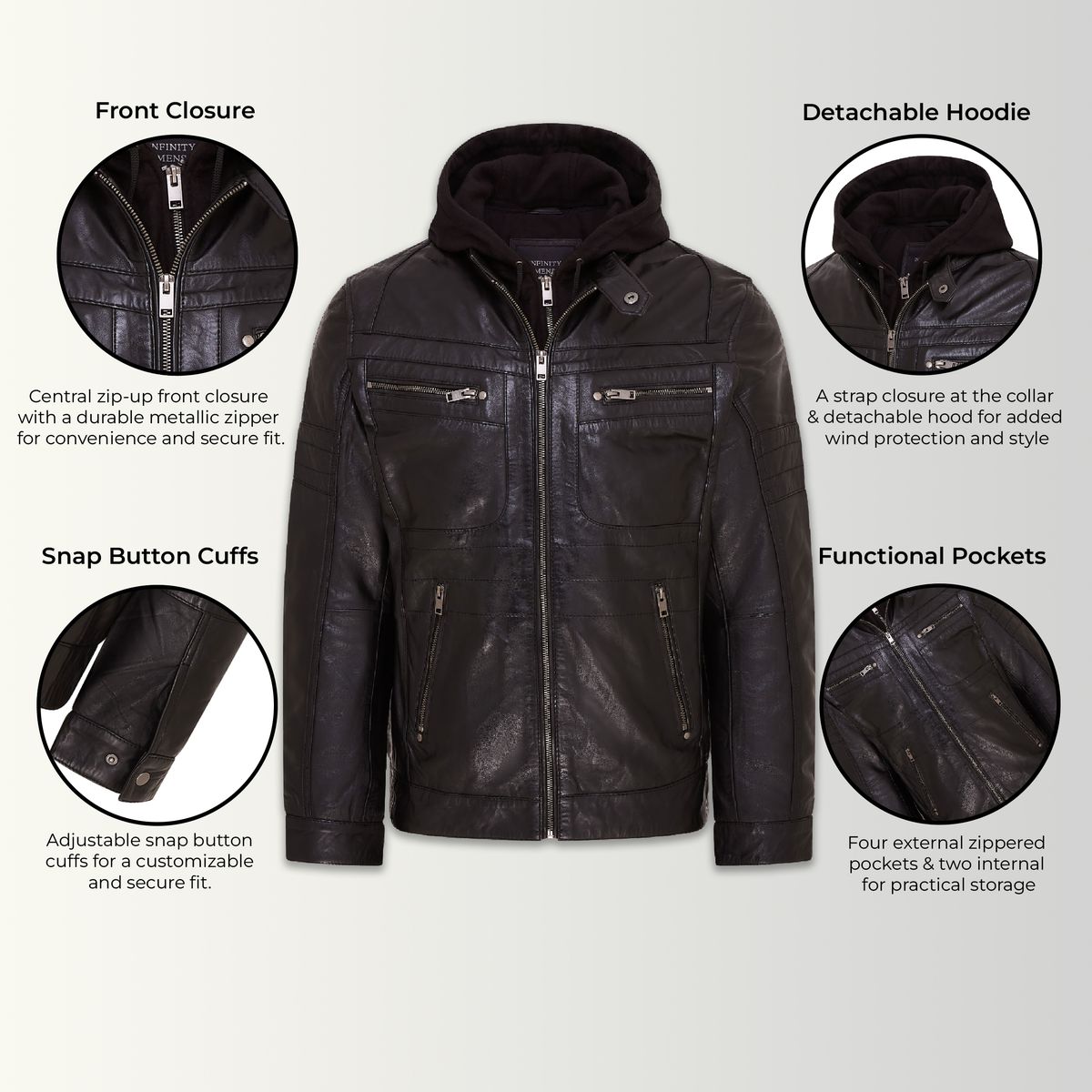 Leder-Bikerjacke mit Kapuze