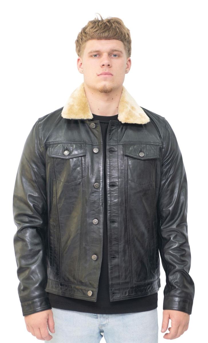 Truckerjacke aus Leder mit Shearling-Kragen