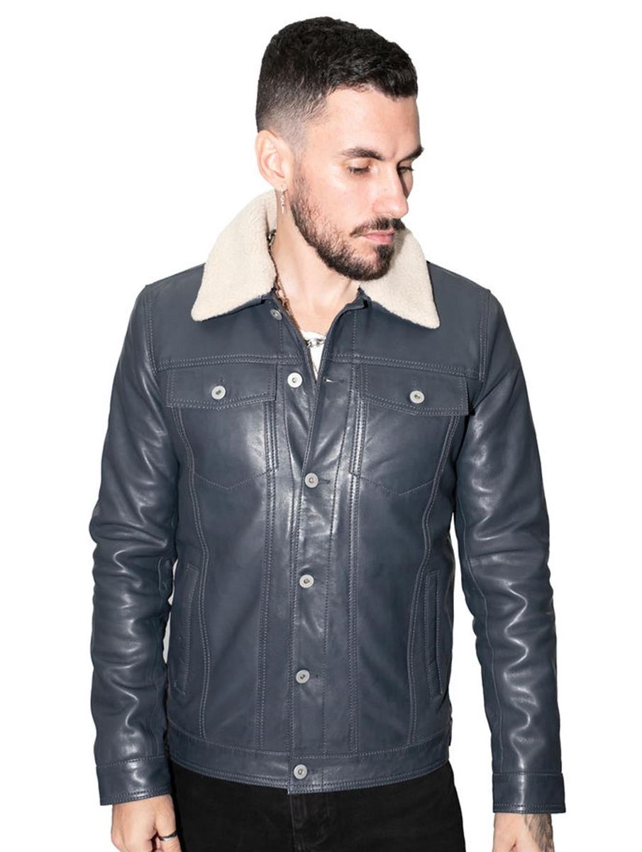 Truckerjacke aus Leder mit Shearling-Kragen