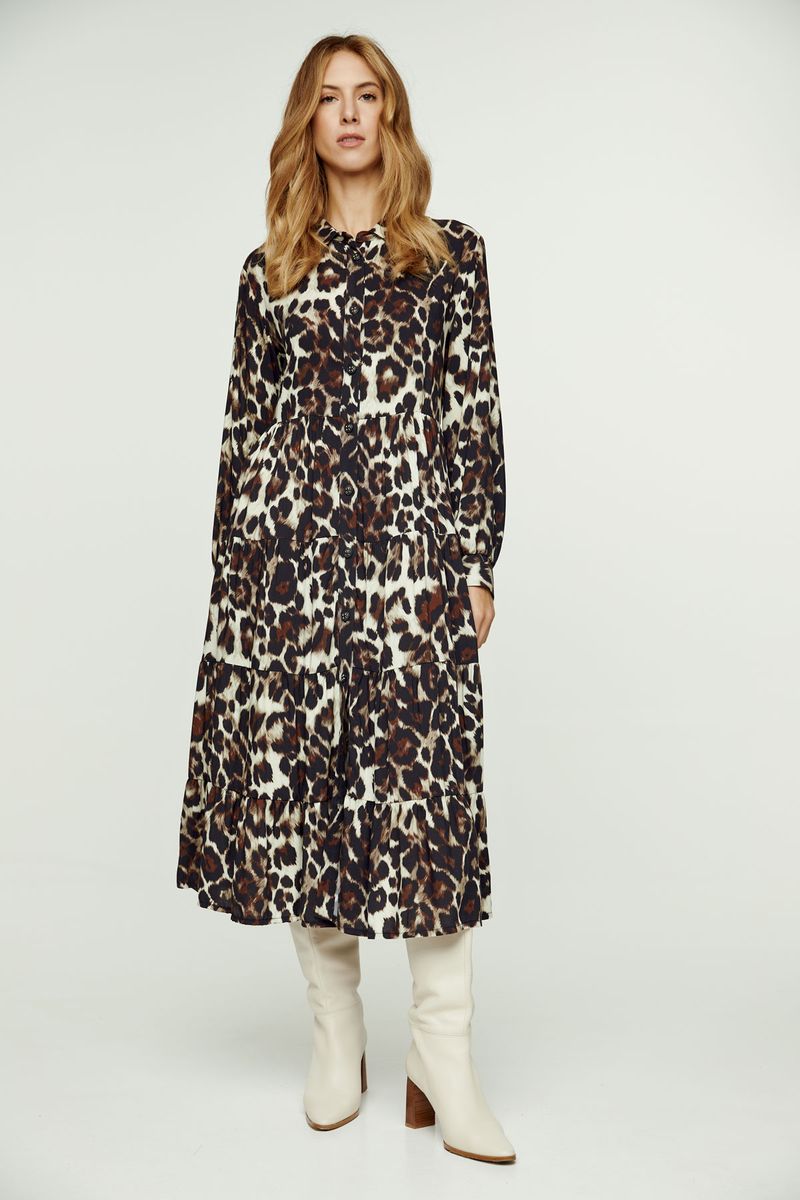 Stufenkleid mit Tierdruck und Knopfleiste