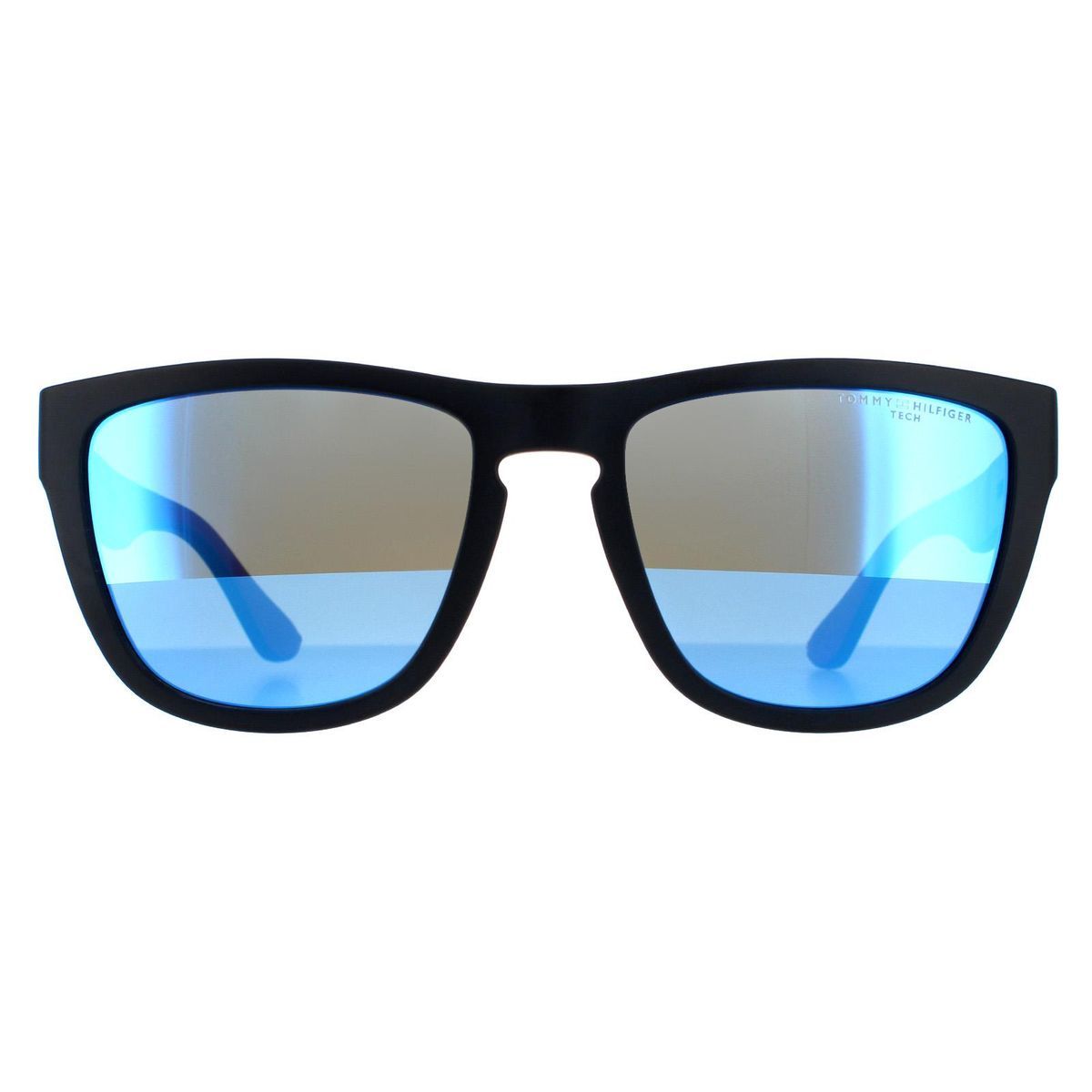 Sonnenbrille mit quadratischem Rahmen und blau verspiegelten Gläsern