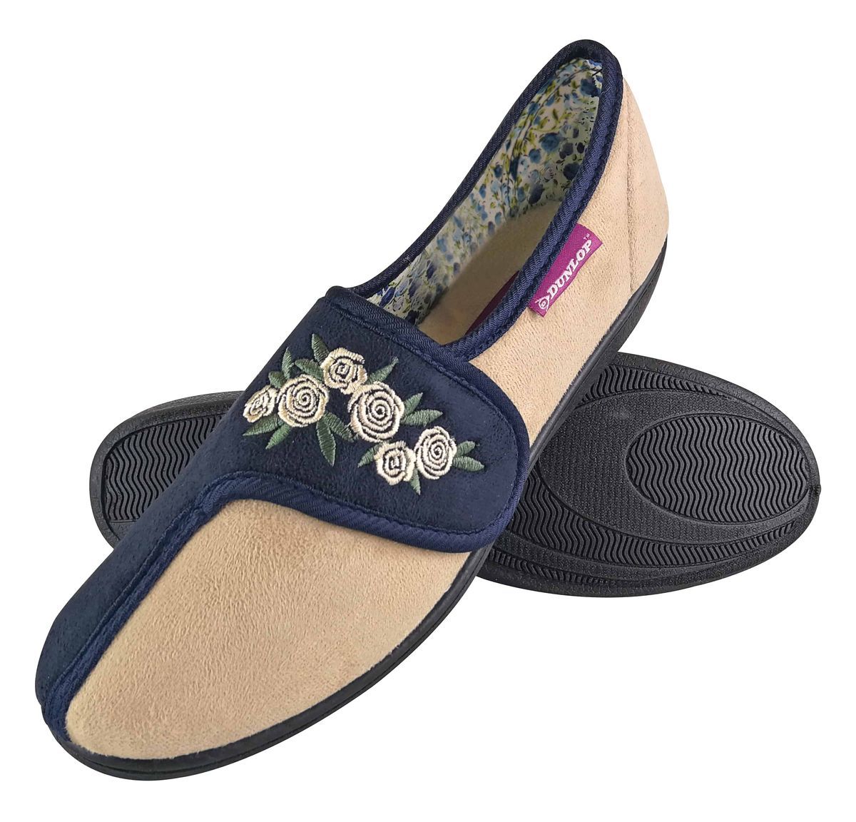 Dunlop - Ladies Adjustable Wide Fit Memory Foam Floral Velcro Hausschuhe für ältere Frauen