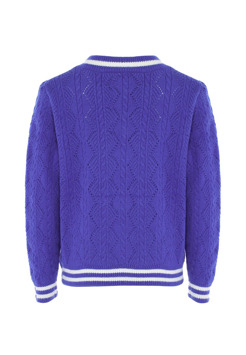 Preppy Zopfstrick-Pullover mit V-Ausschnitt
