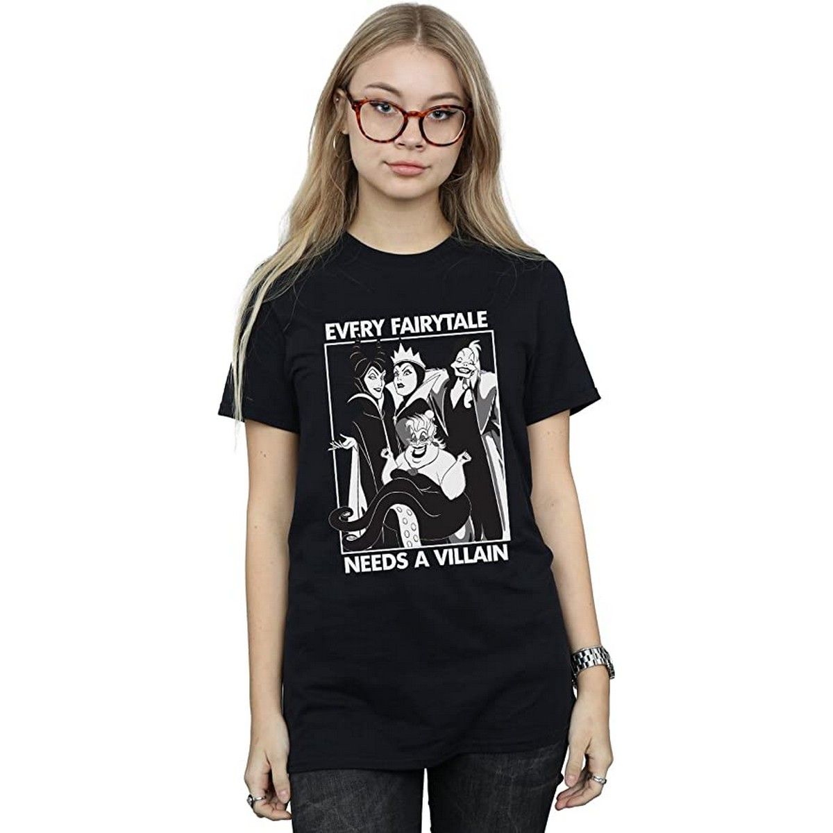 Disney Damen/Damen Jedes Märchen braucht einen Bösewicht Baumwoll-Boyfriend-T-Shirt (Schwarz)