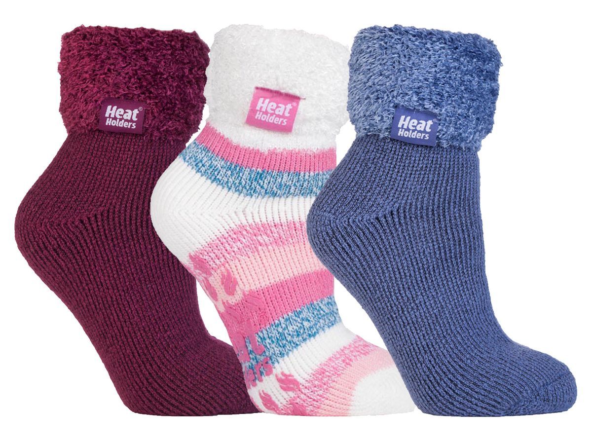 Womens Fluffy Slipper Bed Socks with Grips | Heat Holders | 3 Pair Multipack | Ladies Warm Fleece Lined Non Slip Socks | Winter Gifts for Her - Pack 1