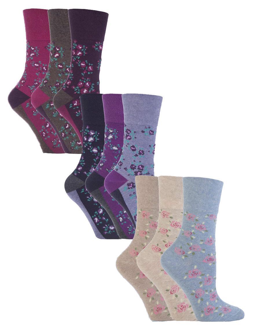 9 Paar Multipack Ladies Cotton Crew Non Elastic Socks | Gentle Grip | Womens Soft Top Striped Patterned Non Binding Socks - Floral 2