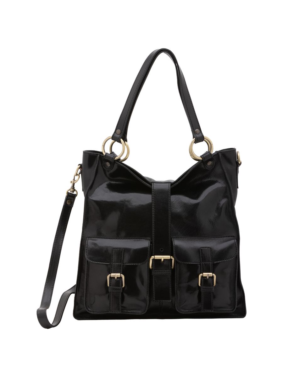 Schwarze Ledertasche mit Schulterriemen und Taschen