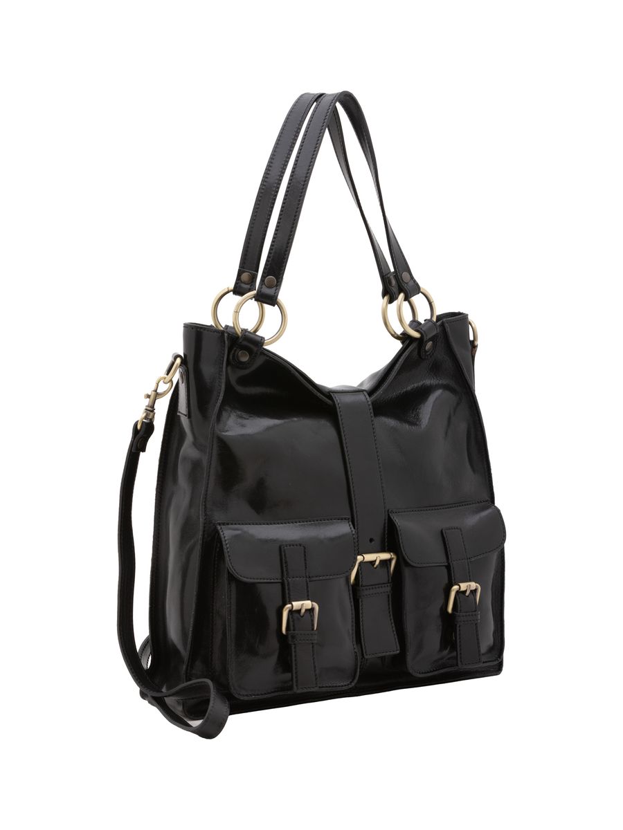 Glänzende Leder-Schultertasche mit Schnallentaschen