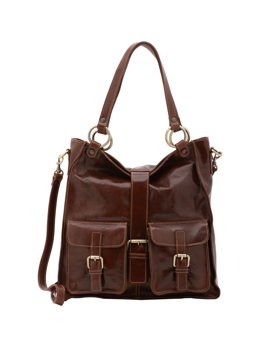 Schwarze Ledertasche mit Schulterriemen und Taschen