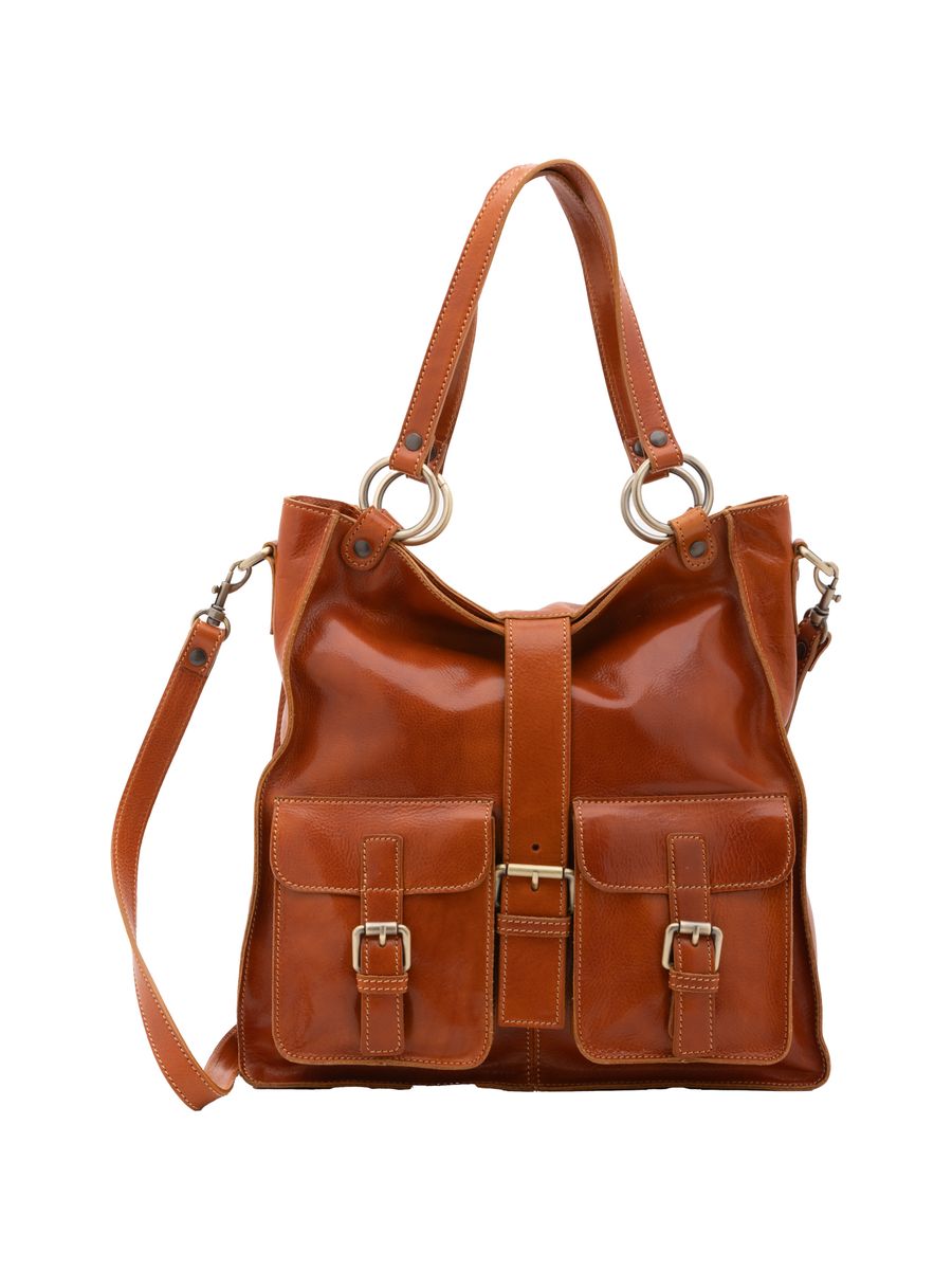 Schwarze Ledertasche mit Schulterriemen und Taschen