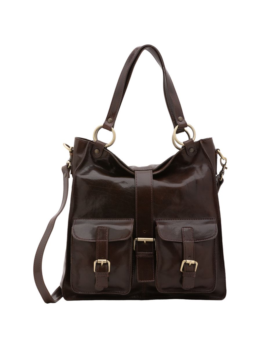 Schwarze Ledertasche mit Schulterriemen und Taschen