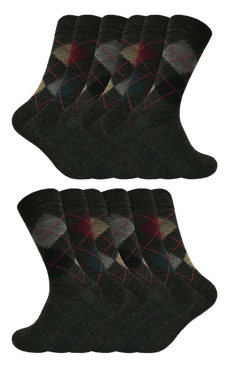 12 Paar Multipack Herren Lambswool Socken | Sock Snob | Dünne und weiche Honeycomb Top Argyle Patterned Socken - Grau