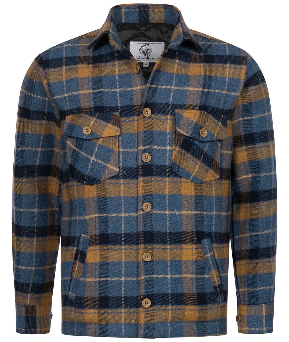 Blaue und goldene karierte Wollhemdjacke