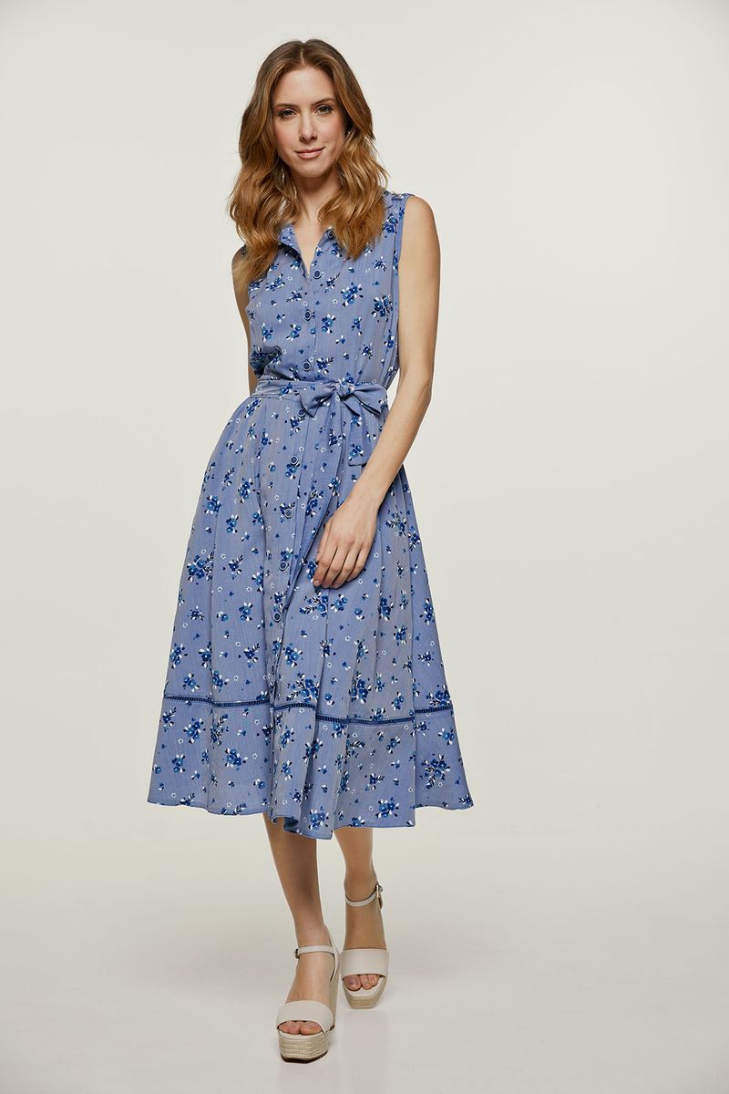 Blaues ärmelloses Hemdkleid mit Blumenmuster