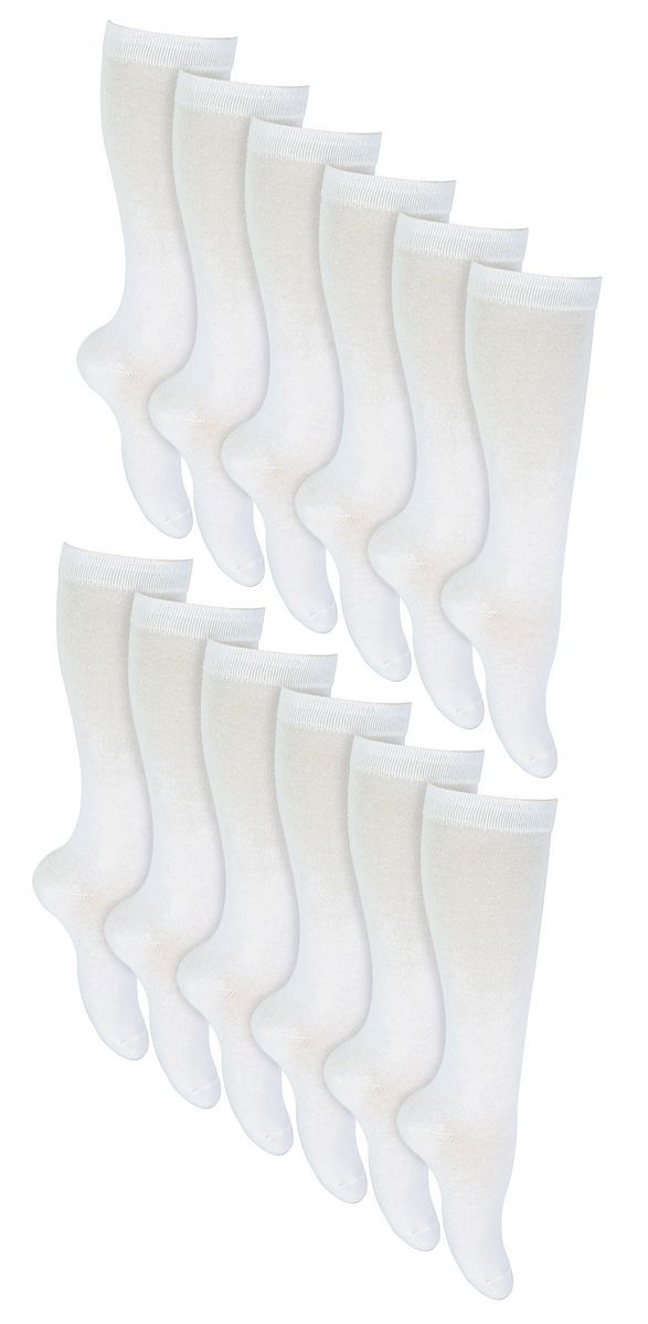 12 Paar Multipack Mädchen Kniestrümpfe | Atmungsaktive lange Baumwolle Schule Socken | Farbe Option - Grau, Schwarz, Weiß, Blau - Weiß