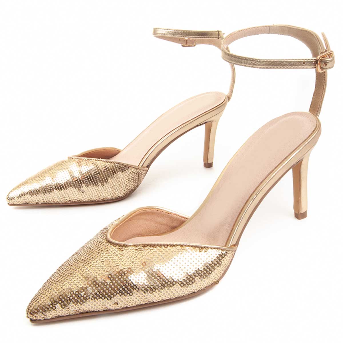 Pailletten Pumps mit Knöchelriemchen