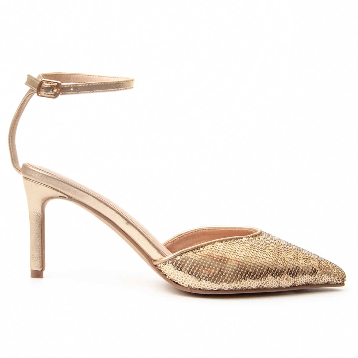 Pailletten-Pumps mit spitzer Kappe und Fesselriemen