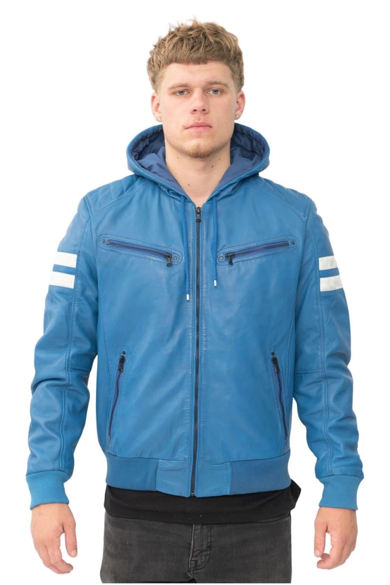 Leder-Bomberjacke mit Kapuze und Streifen