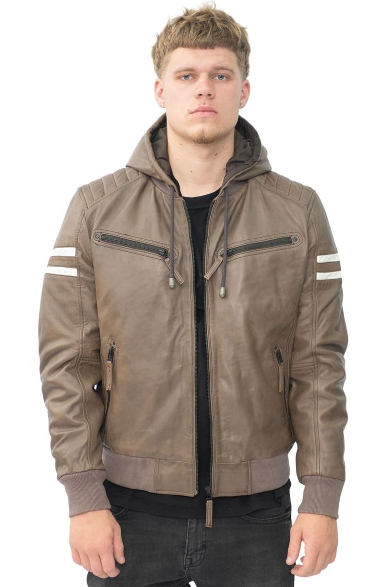 Herren Leder Bomberjacke mit Kapuze
