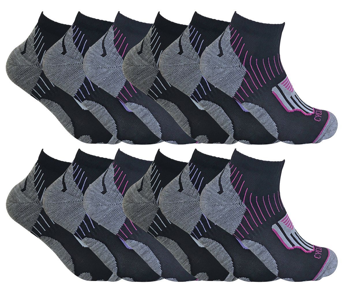 12 Paar Multipack Damen Radsport Socken | Socken Snob | Schwarz Low Cut Socken | Ideal für Laufen, Fitnessstudio & Sport - Schwarz