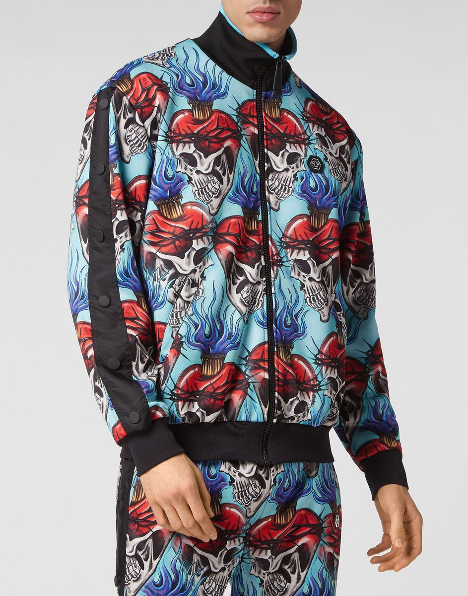 Trainingsjacke mit Tattoo-Print und seitlichen Druckknöpfen