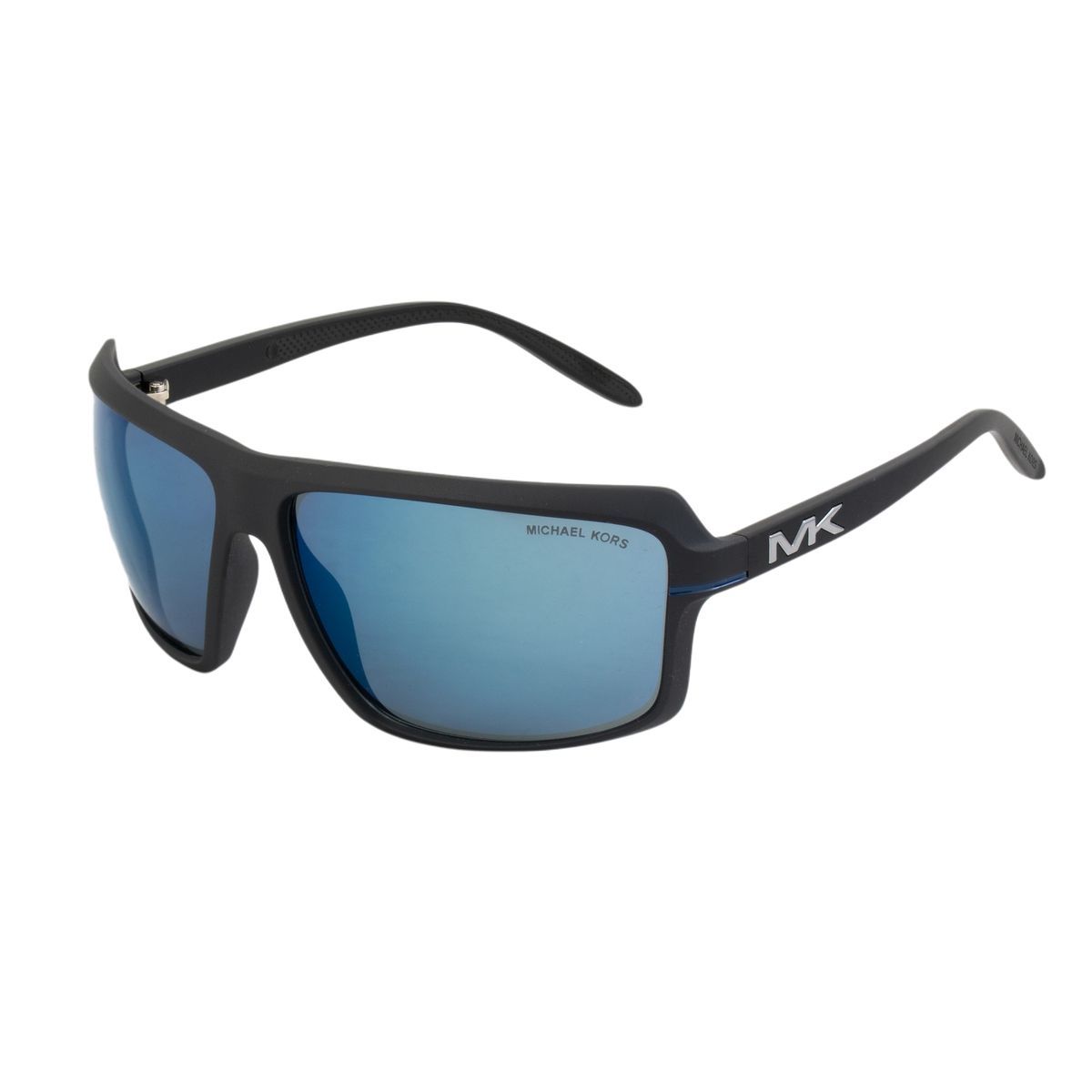 Quadratische schwarze Sonnenbrille mit blauen Gläsern