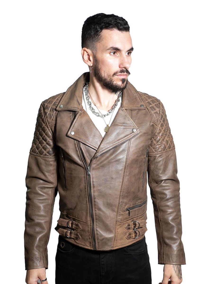 Herren Bikerjacke aus Leder mit Steppschulter
