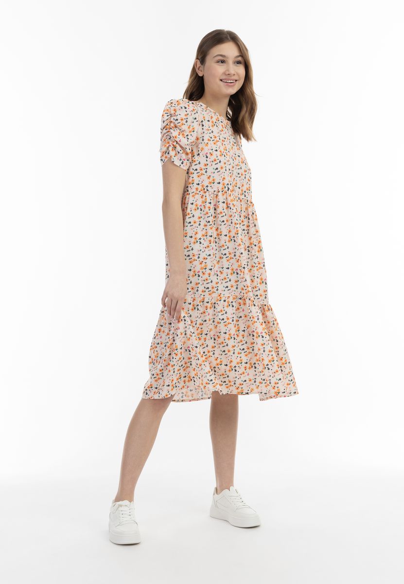 Geblümtes Midi-Stufenkleid mit Puffärmeln