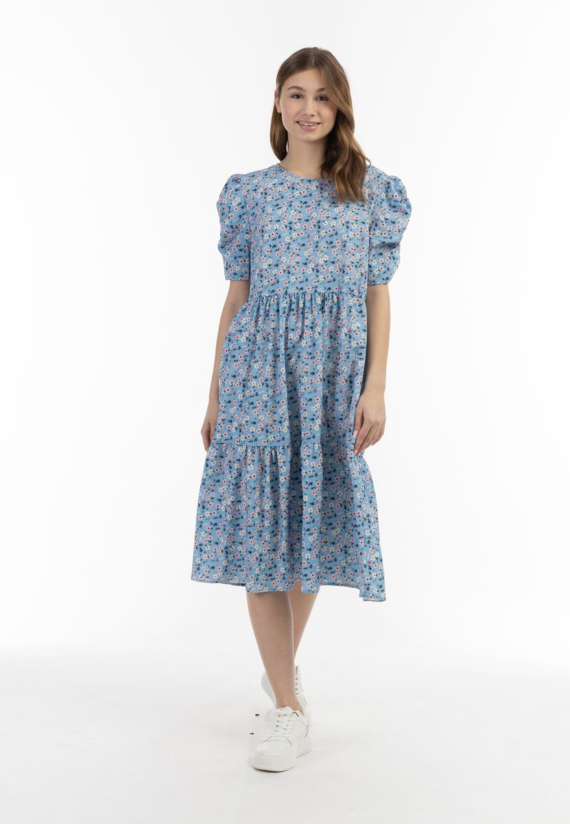 Geblümtes Midi-Stufenkleid mit Puffärmeln