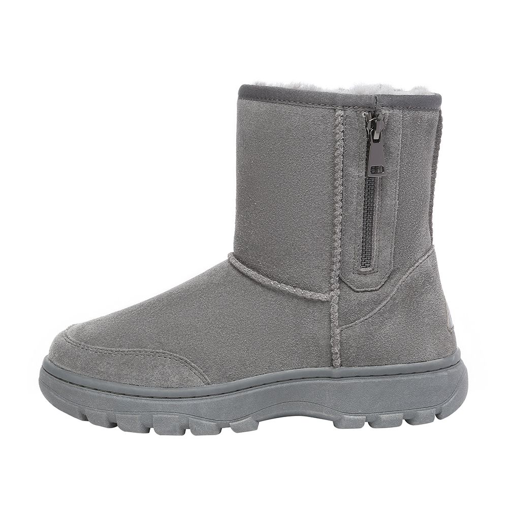 Graue kurze Schaffellstiefel mit Reißverschluss