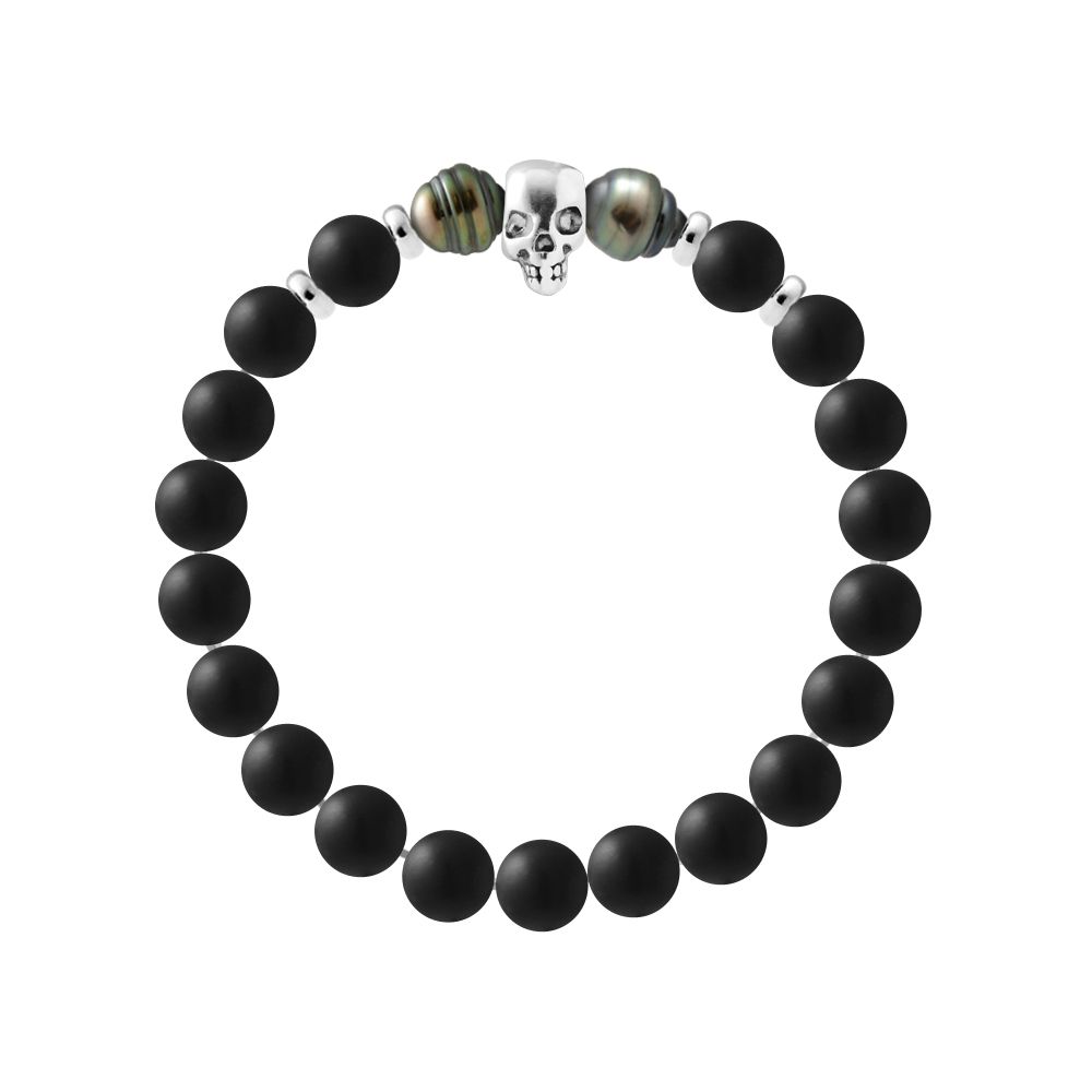 Matt Schwarzes Achat Schädel Perlenarmband