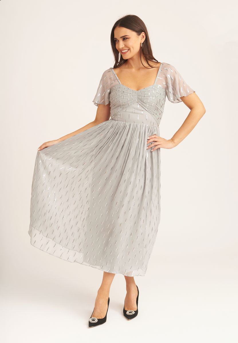 Metallic Jacquard Midikleid mit Ärmeln