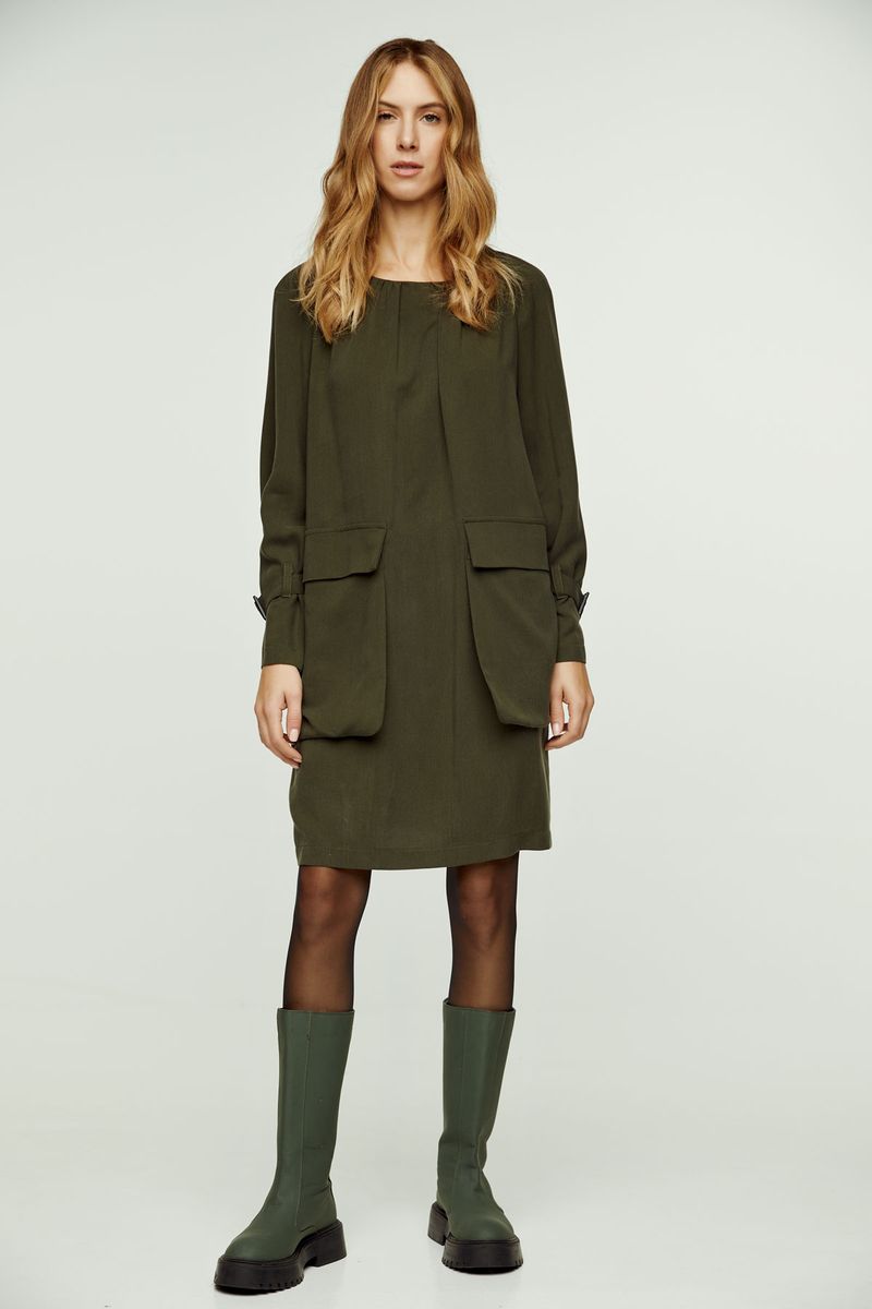 Khakifarbenes Tencel-Kleid mit Taschen